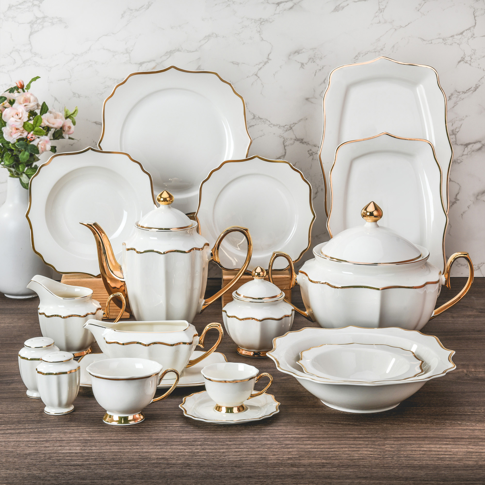 Gold Plated Cutlery - 62 Pcs Bone China Dinnerware Porcelain